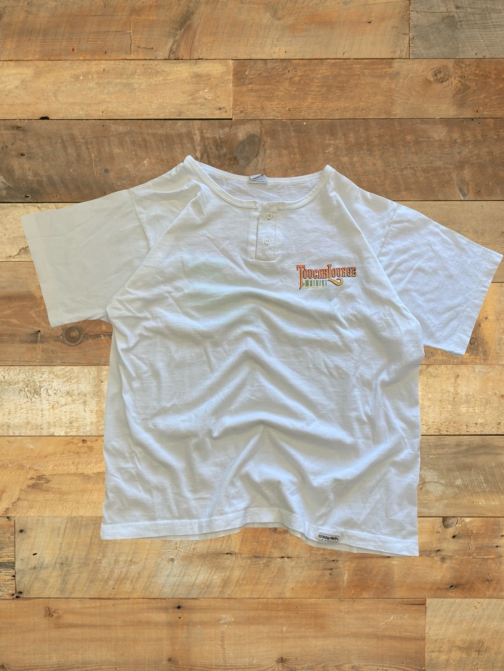 White Henley-style neckline, Vintage Toucan Lounge Waikiki Tagged L